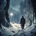 AI generated illustration of a silhouetted male figure wearing a cap in a wintry landscape