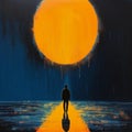 AI generated illustration of a silhouetted male walking on a lake illuminated by an orange sunrise