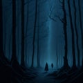 AI generated illustration of silhouetted people taking a walk in a misty gloomy forest