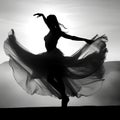 AI generated illustration of a silhouetted woman wearing a flowing dress dancing against a sunset