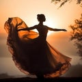 AI generated illustration of a silhouetted woman wearing a flowing dress dancing against a sunset