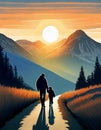 Father and son walking down path in a beautiful landscape