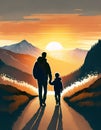 Father and son walking down path in a beautiful landscape