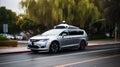 AI generated illustration of a silver passenger van equipped with a self-driving system