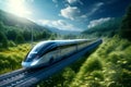 AI generated illustration of a silver train travelling through picturesque, verdant countryside