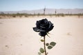 AI generated illustration of a single, beautiful black rose blooming in a desert landscape Royalty Free Stock Photo