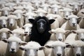AI generated illustration of a single black sheep surrounded by a herd of white sheep Royalty Free Stock Photo