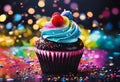 AI generated illustration of a single cupcake on a bed of vibrant sprinkles