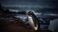 AI generated illustration of a single penguin standing on rocky terrain near a shoreline