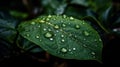 AI generated illustration of a single, vibrant green leaf covered in glistening water droplets Royalty Free Stock Photo