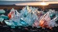 AI generated illustration of sizable crystals resting on a pebbly shoreline during the sunset
