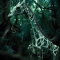 AI generated illustration of A skeleton giraffe in a forest