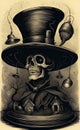 AI generated illustration sketch of an human skull with a magician hat and lanterns