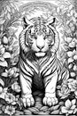 AI generated illustration of a sketch of a majestic Bengal tiger surrounded by flora