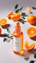 AI-generated illustration of a skincare product in a white bottle with orange slices laid out