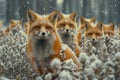 AI-generated illustration of A skulk of foxes in a snowy field