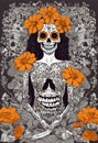 illustration of a skull woman dressed for the traditional Day of the Dead celebration