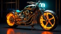 AI generated illustration of a sleek black and orange motorcycle with yellow alloy wheels