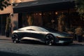 AI generated illustration of a sleek electric car parked on the side of a street