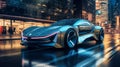 AI generated illustration of a sleek electric sports car driving on a city street