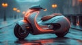 AI generated illustration of a sleek front end of a compact scooter illuminated on a rainy evening