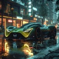 AI generated illustration of a sleek, futuristic car drives through a rainy city street at night