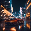 AI generated illustration of a sleek orange sports car parked on a city street