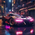 AI generated illustration of a sleek sports car illuminated by vibrant purple lights at night