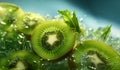AI generated illustration of sliced kiwi fruit pieces in ice cold water