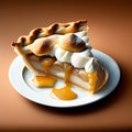 AI-generated illustration of a sliced tasty apple pie on a white plate on a wooden table