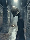 AI generated illustration of a slim woman in metal headwear standing quietly in catacombs