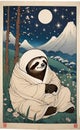 AI generated illustration of a sloth relaxing on a meadow at night