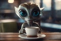 AI-generated illustration of a small alien holding a cup of coffee