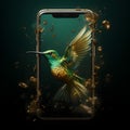 the bird is taking off from the screen of the smartphone Royalty Free Stock Photo