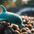 AI generated illustration of a small blue stuffed dolphin on rocky waterfront