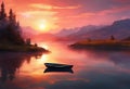 AI generated illustration of a small boat on a lake shore during sunset Royalty Free Stock Photo