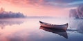 AI generated illustration of a small boat moored in a tranquil lake at sunset Royalty Free Stock Photo