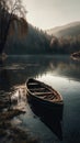 AI generated illustration of a small boat moored in a tranquil river surrounded by trees Royalty Free Stock Photo