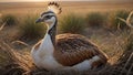 AI generated illustration of A small, brown bird perched on top of dry, yellow nest