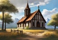 AI generated illustration of a small brown church has a tall, prominent steeple