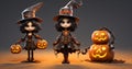 AI generated illustration of small cartoon Halloween characters with jack-o-lanterns