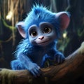 AI generated illustration of a small cute fluffy blue creature on a branch