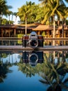 AI-generated illustration of a small digital camera submerged in a pool of clear water