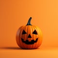 AI generated illustration of a small, festive, Halloween pumpkin atop an orange surface