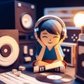 AI generated illustration of a small figurine of a boy listening to music with headphone in his room Royalty Free Stock Photo