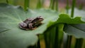 AI-generated illustration of a small frog perched on a green leaf Royalty Free Stock Photo