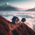 AI generated illustration of a small house on a hill, in the sky above a sea of fluffy white clouds Royalty Free Stock Photo