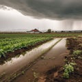 AI generated illustration of a small irrigation ditch, located in a lush farm field