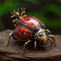 AI generated illustration of A small, metallic-colored ladybug perched atop a wooden surface