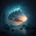 AI generated illustration of a small mount with rugged surface seen from a frozen icy cave